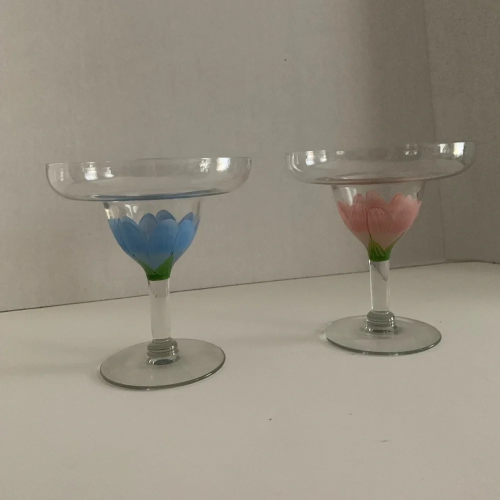 Margarita Glasses Hand-Painted Floral Design Vintage | Set of 2